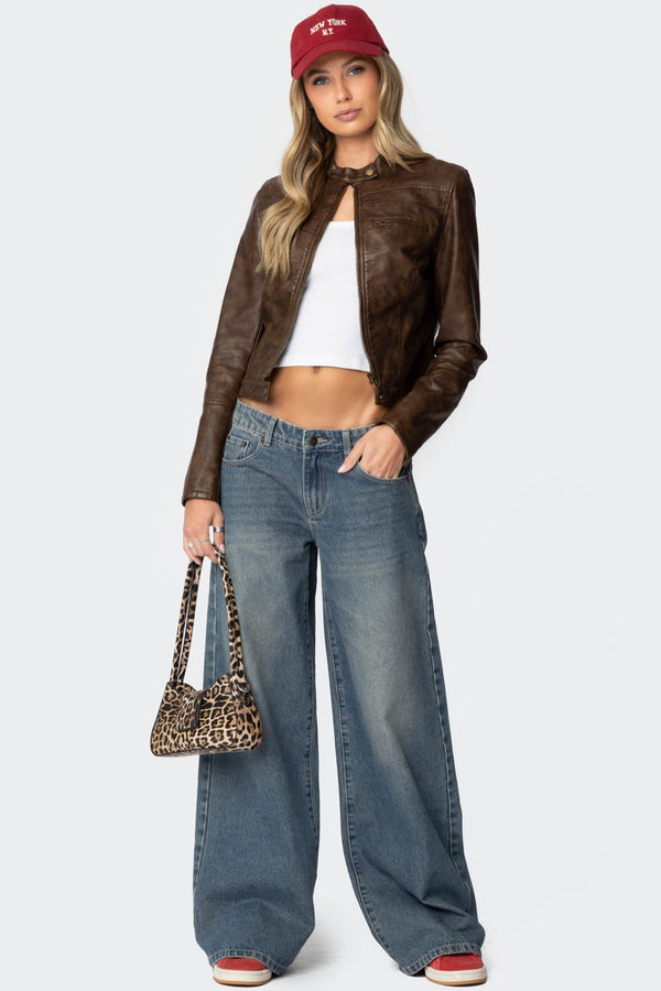 Edikted Teddi Washed Faux Leather Jacket Brown
