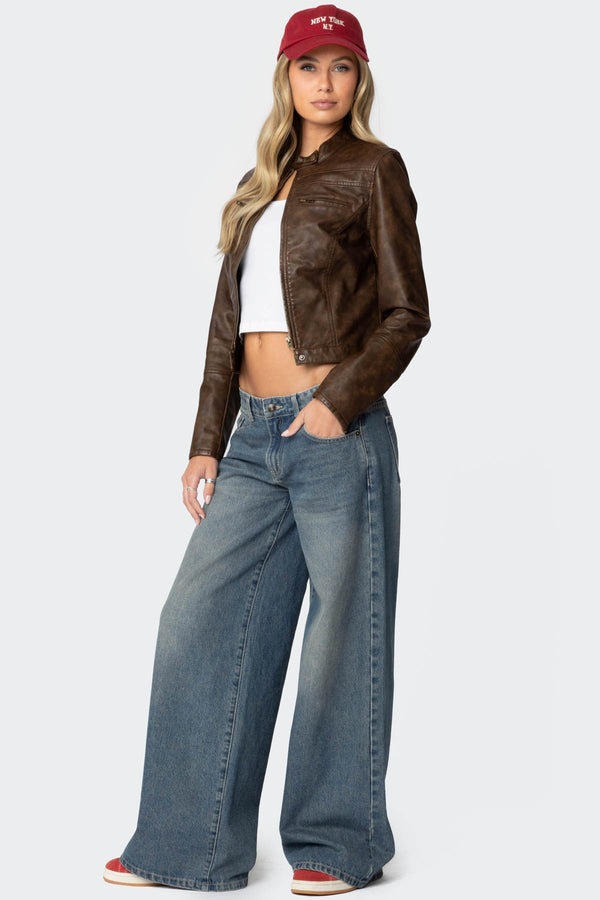 Edikted Teddi Washed Faux Leather Jacket Brown