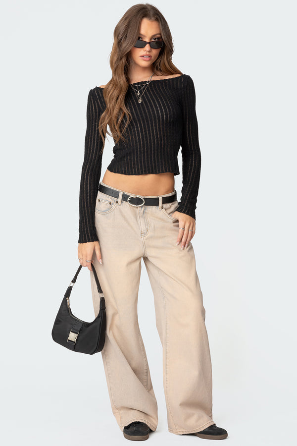 Edikted Textured Sheer Boat Neck Top Black