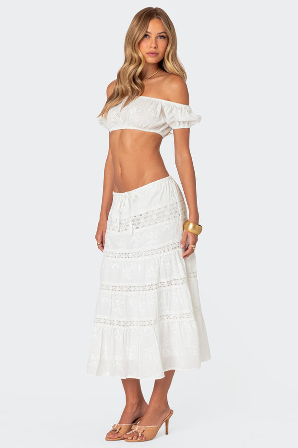 Edikted Tiered Cotton Lace Midi Skirt White