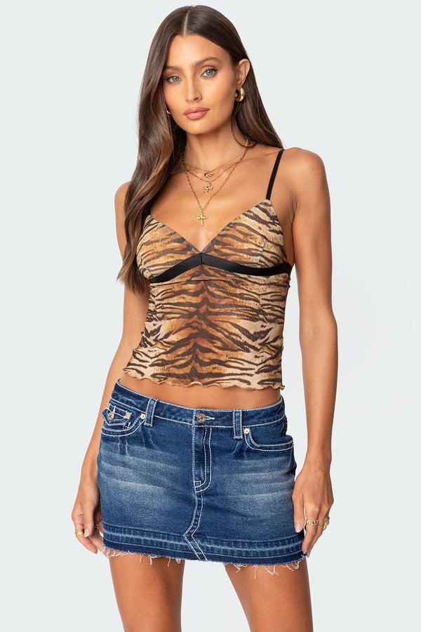 edikted Tiger Printed Mesh Tank Top beige