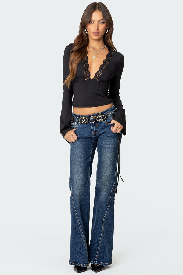 Edikted Tina Lacey Plunge Neck Top Black