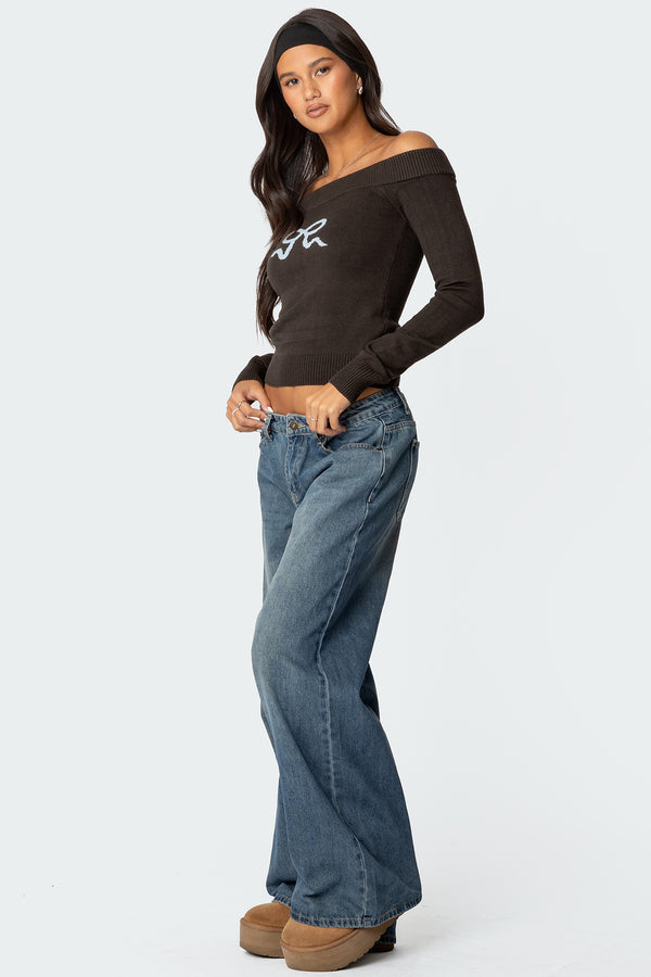 Edikted Tj Off Shoulder Knit Bow Top Dark Gray