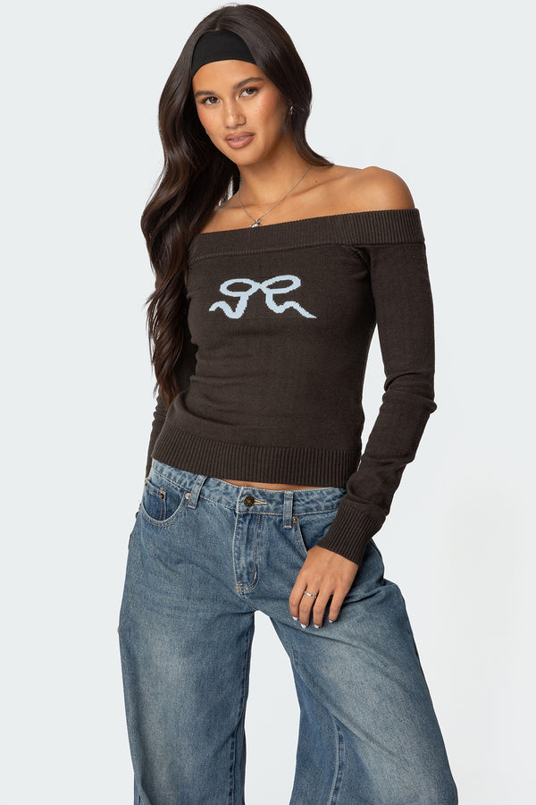 edikted Tj Off Shoulder Knit Bow Top dark gray