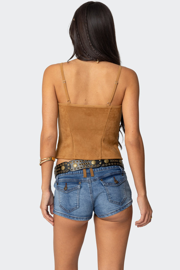 Edikted Tori Faux Suede Button Up Top Tan