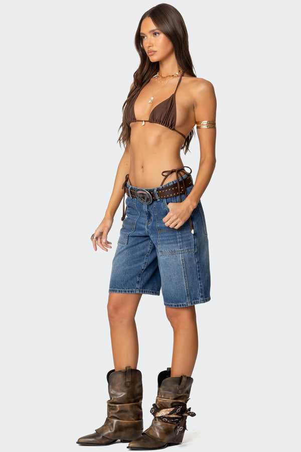 Edikted Tris Low Rise Denim Bermuda Shorts Blue