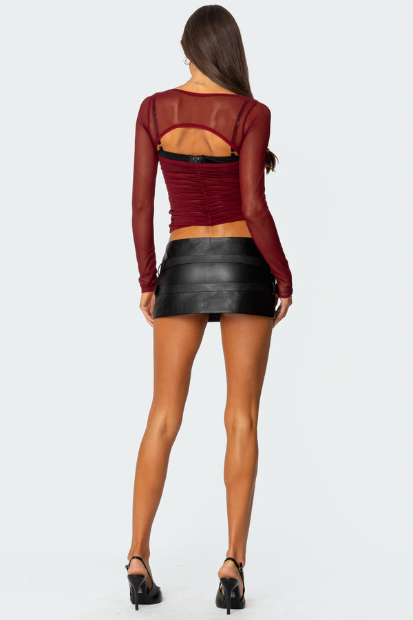Edikted Tristina Ruched Mesh Bra Top Burgundy