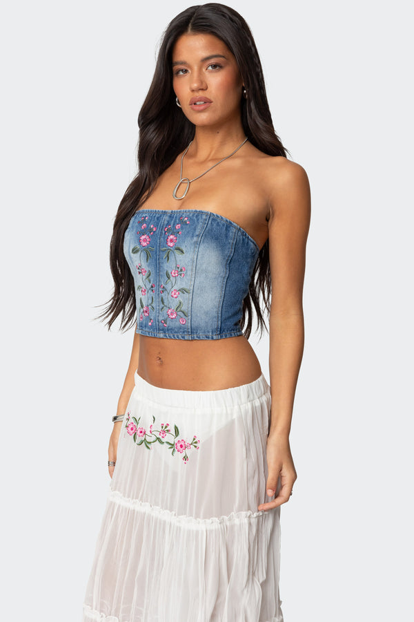 Edikted Tula Embroidered Denim Corset Blue