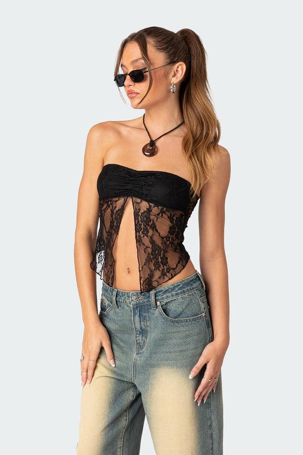 Edikted Twilight Sheer Lace Split Front Top Black