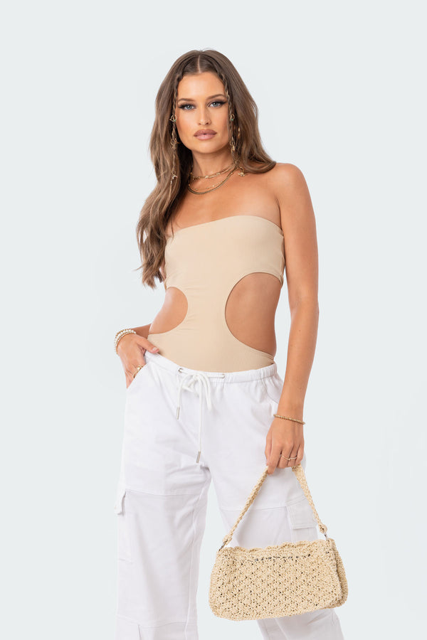 Edikted Vivie Ribbed Cut-Out Bodysuit Beige