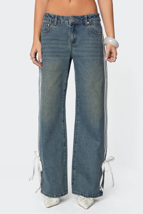 Edikted Washed Low Rise Ribbon Jeans Blue Washed