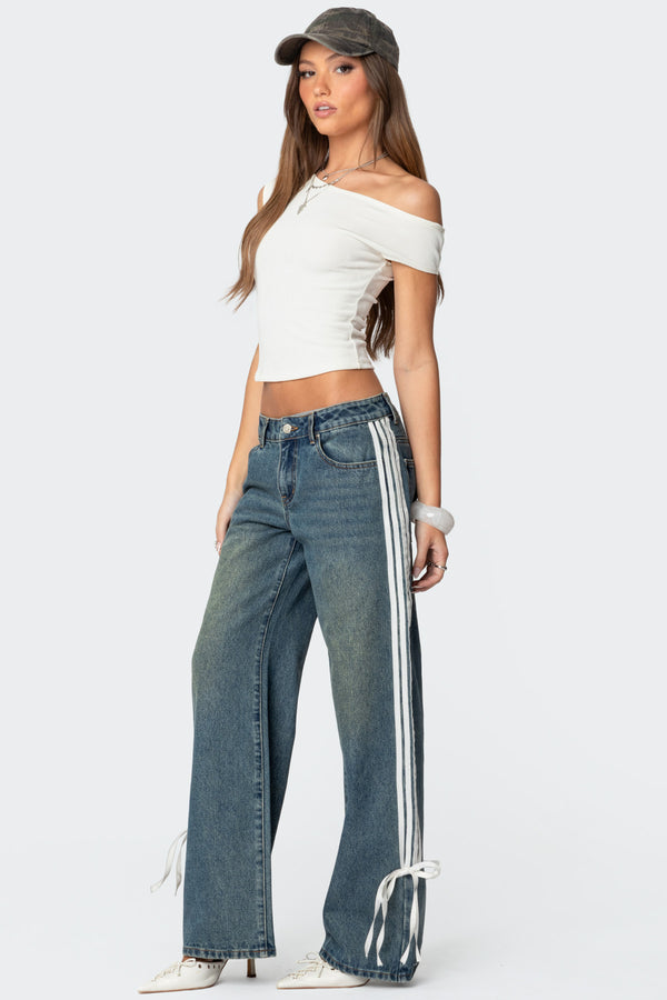 Edikted Washed Low Rise Ribbon Jeans Blue Washed