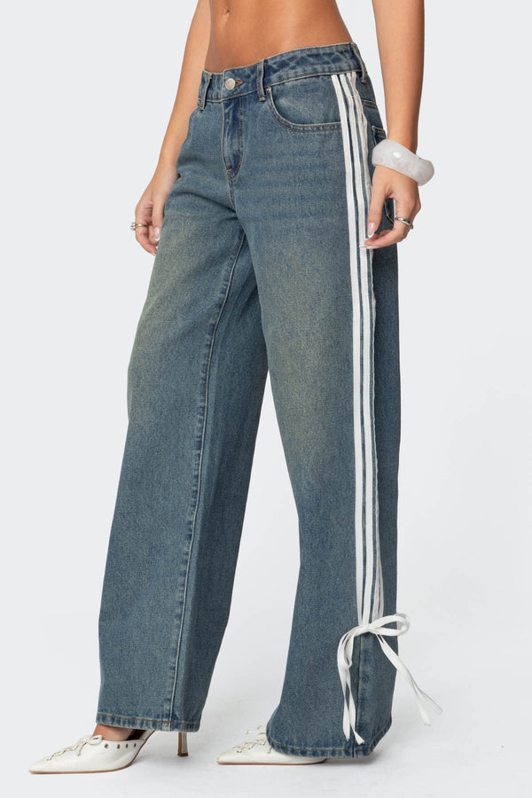 Edikted Washed Low Rise Ribbon Jeans Blue Washed