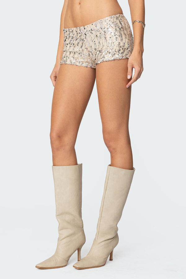 Edikted Wavy Baby Sequin Micro Shorts Silver