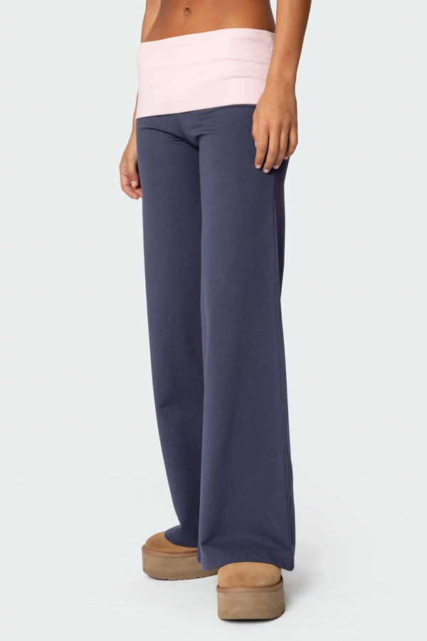 Edikted Wide Leg Contrast Fold Over Pants Navy