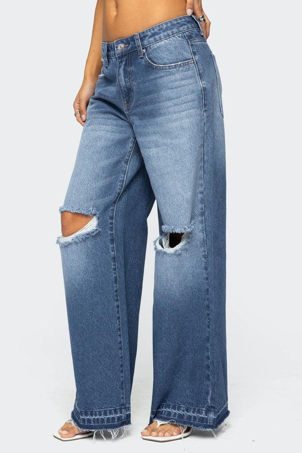 Edikted Xenia Distressed Low Rise Jeans Blue