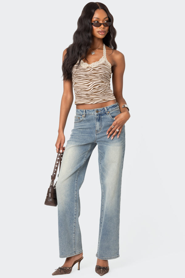 Edikted Zebra Printed Halter Top Beige
