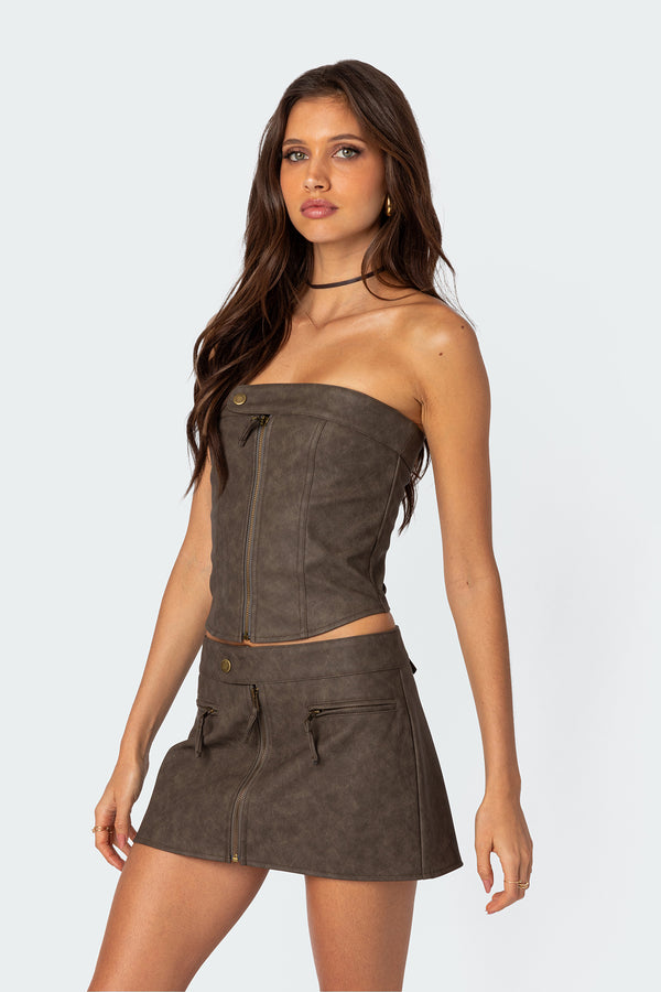 Edikted Ziva Faux Leather Lace Up Corset Brown