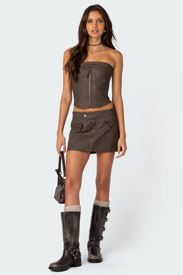 edikted Ziva Faux Leather Mini Skirt brown