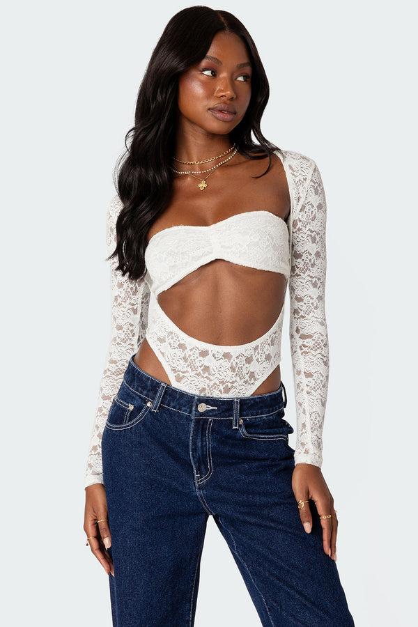 edikted Zoey Sheer Lace Two Piece Bodysuit white