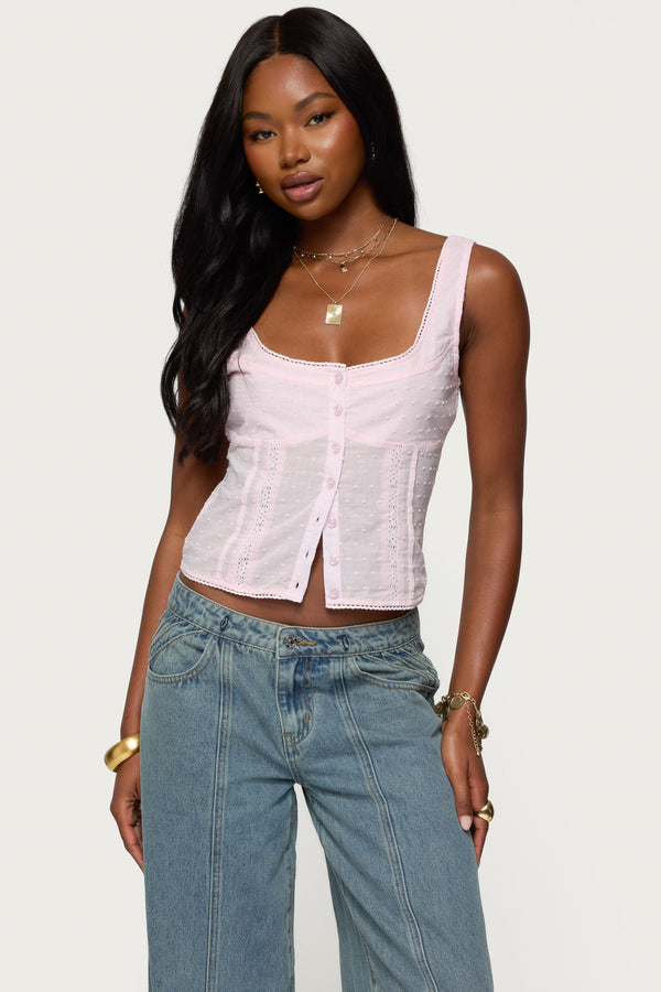 edikted Embroidered Cotton Button Up Top light pink