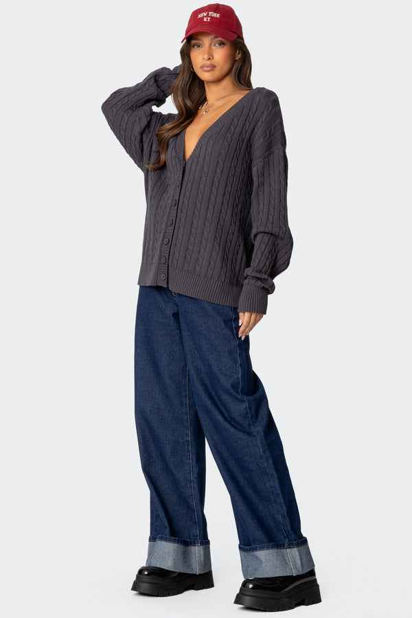 Edikted Francine Oversized V Neck Cardigan Dark Gray