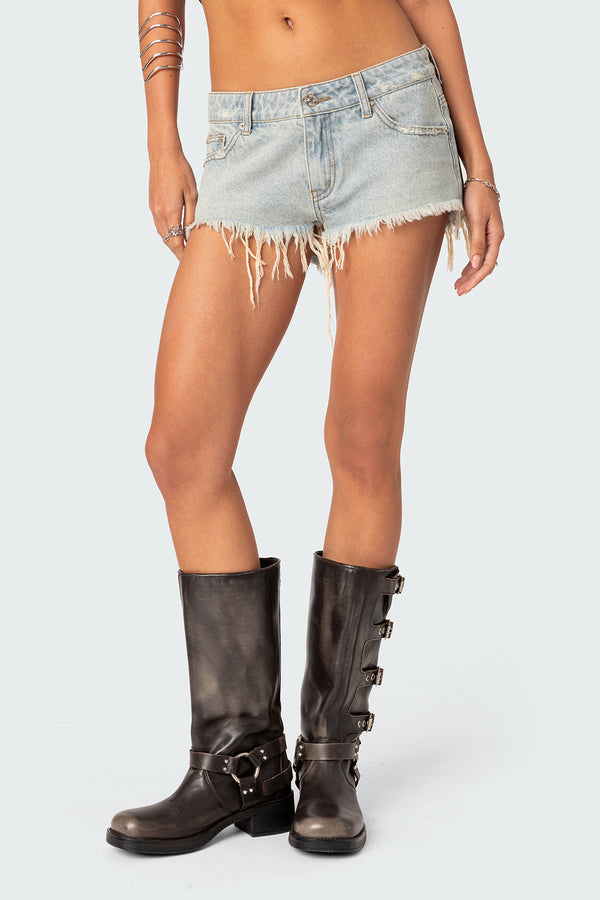 Edikted Frayed Vintage Washed Denim Shorts Blue Washed
