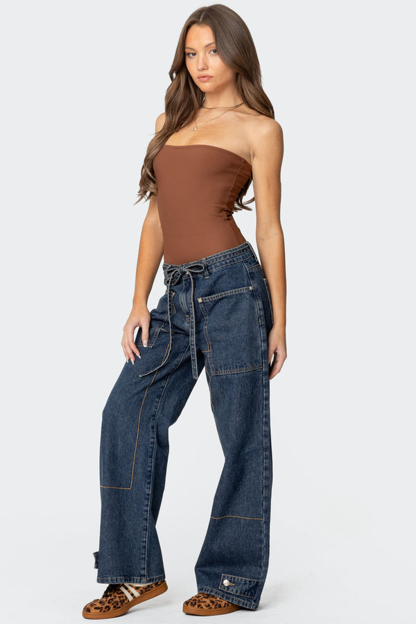 Edikted Funky Stitch Low Rise Jeans Dark Blue Washed