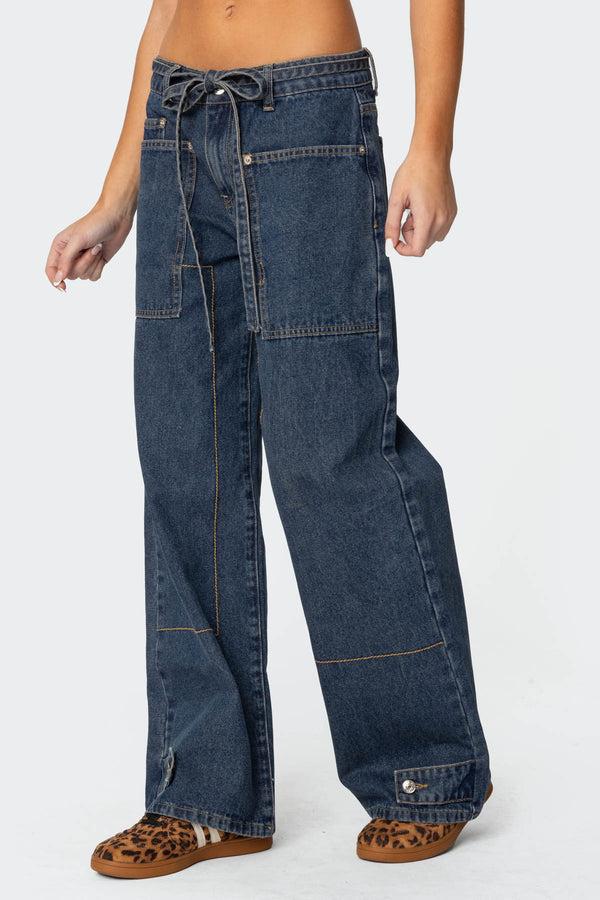 Edikted Funky Stitch Low Rise Jeans Dark Blue Washed