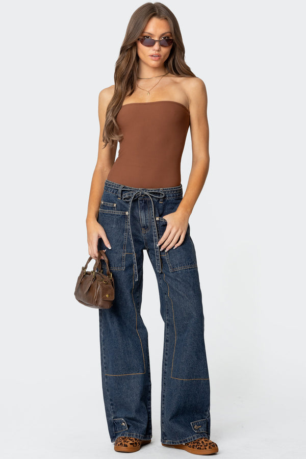 edikted Funky Stitch Low Rise Jeans dark blue washed