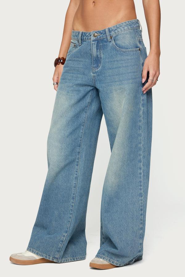 Edikted Graphic Vintage Washed Low Rise Jeans Blue Vintage Washed