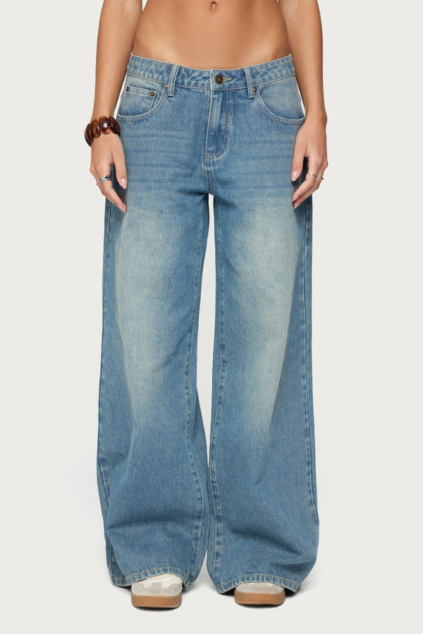 Edikted Graphic Vintage Washed Low Rise Jeans Blue Vintage Washed