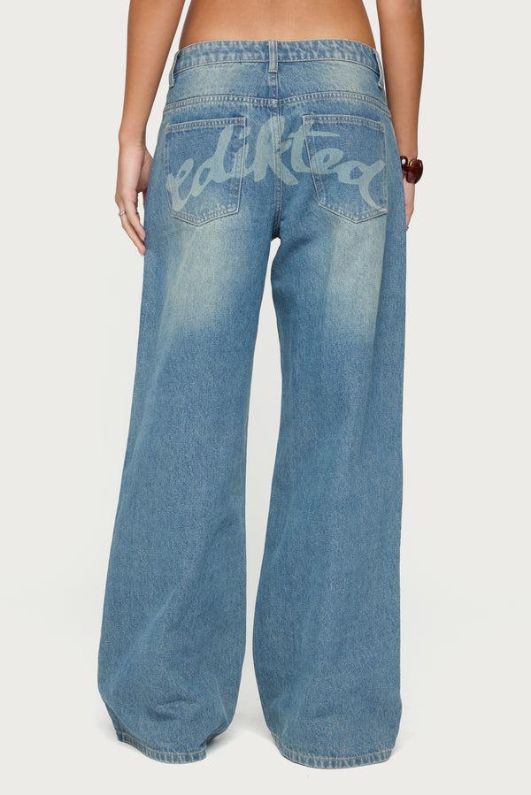 Edikted Graphic Vintage Washed Low Rise Jeans Blue Vintage Washed