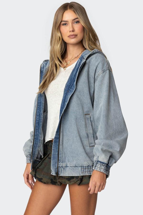 Edikted Hooded Vintage Washed Denim Bomber Jacket Light Blue