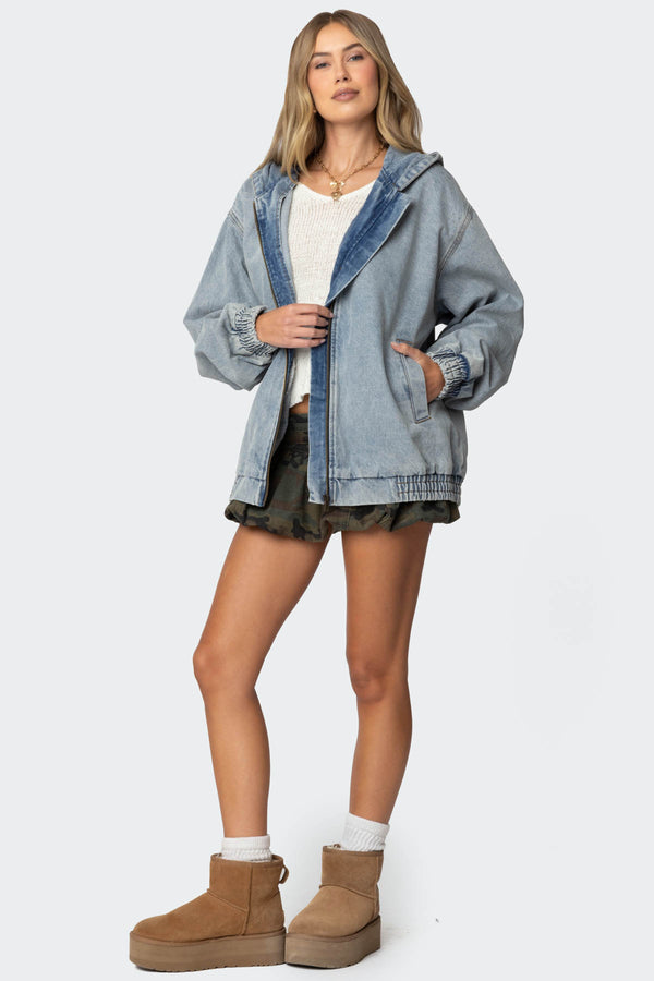 Edikted Hooded Vintage Washed Denim Bomber Jacket Light Blue