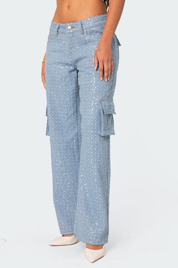 Edikted Icing Sequin Low Rise Cargo Jeans Light Blue