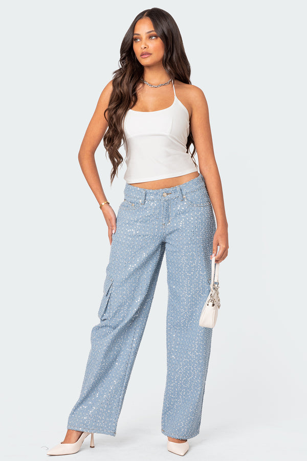 edikted Icing Sequin Low Rise Cargo Jeans light blue