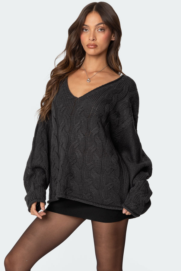 Edikted Inga Oversized Cable Knit Sweater Dark Gray