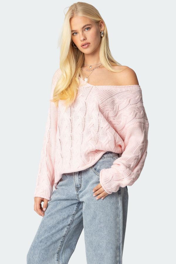Edikted Inga Oversized Cable Knit Sweater Light Pink