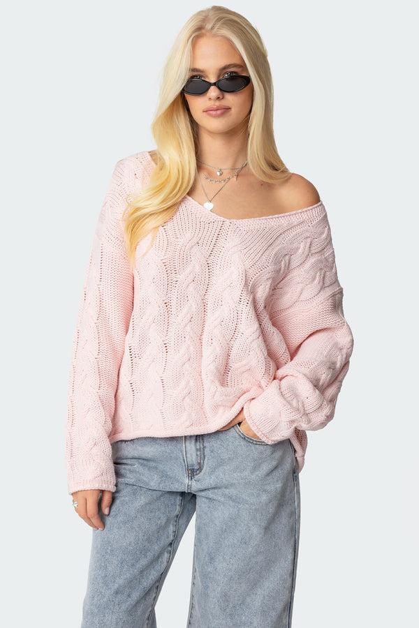 edikted Inga Oversized Cable Knit Sweater light pink