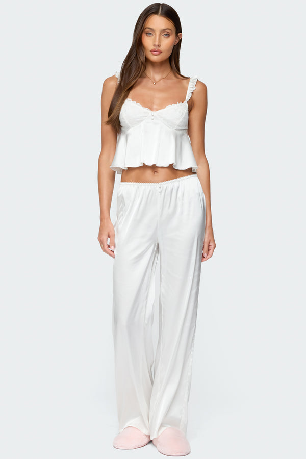 Edikted Izabella Lacey Satin Effect Ruffle Top White
