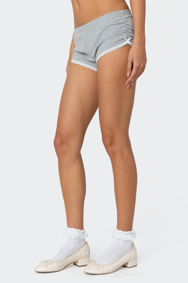 Edikted Kadence Ruched Lace Trim Shorts Gray Melange