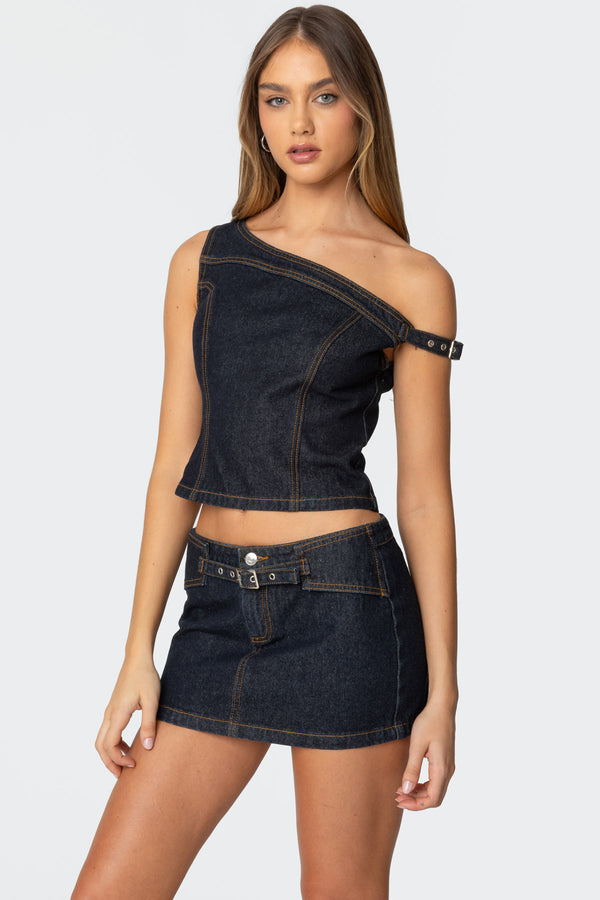 Edikted Keira Buckled Asymmetric Denim Top Dark Blue