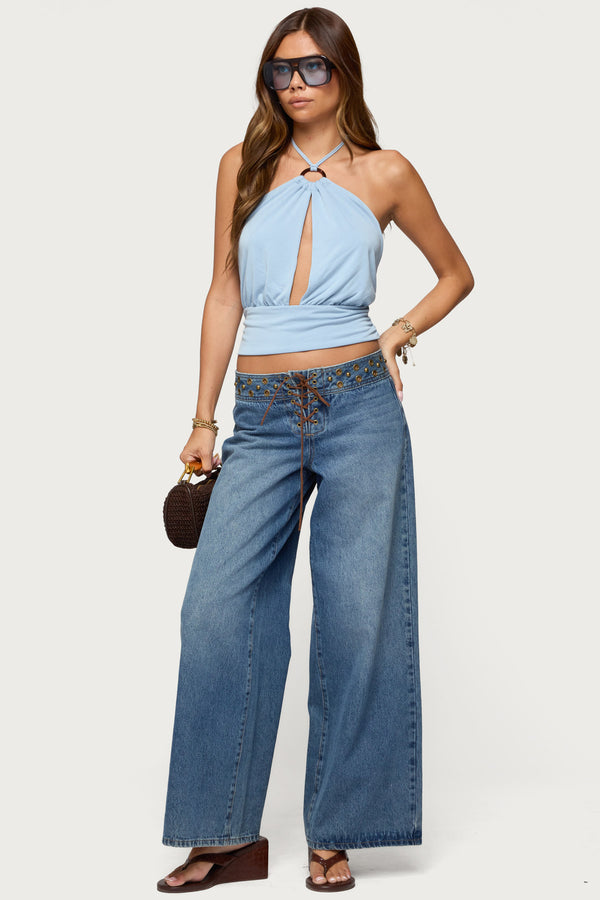 Edikted Khalia Backless Cut Out Halter Top Light Blue