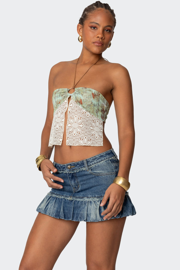 Edikted Kloe Backless Crochet Split Front Top Green
