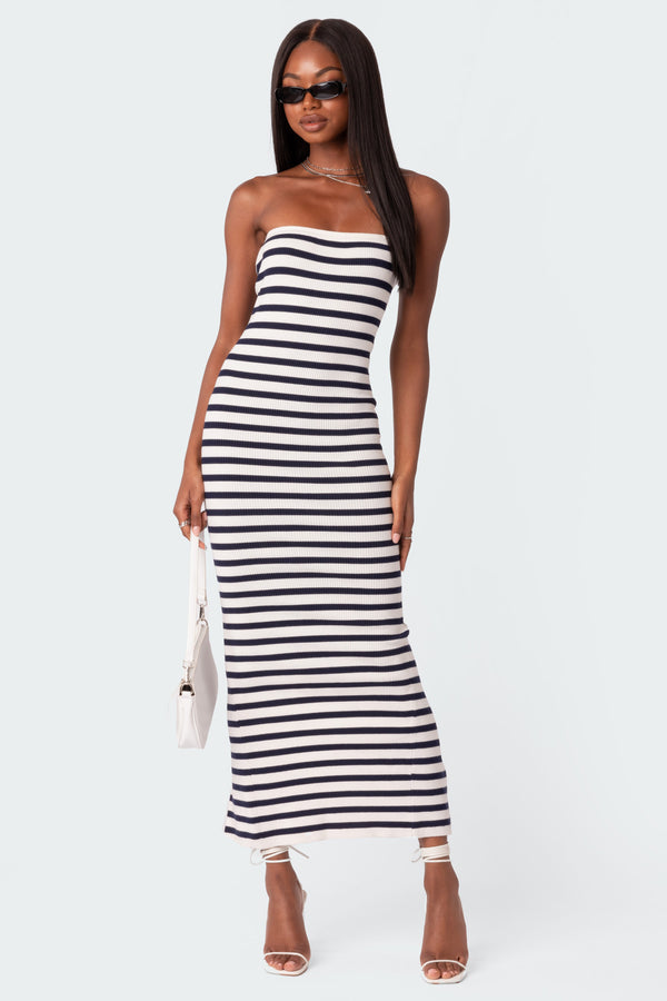 edikted Knit Back Slitted Maxi Dress navy and white