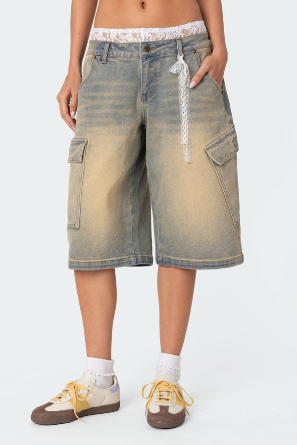 Edikted Lace Boxer Denim Bermuda Shorts Blue Vintage Washed