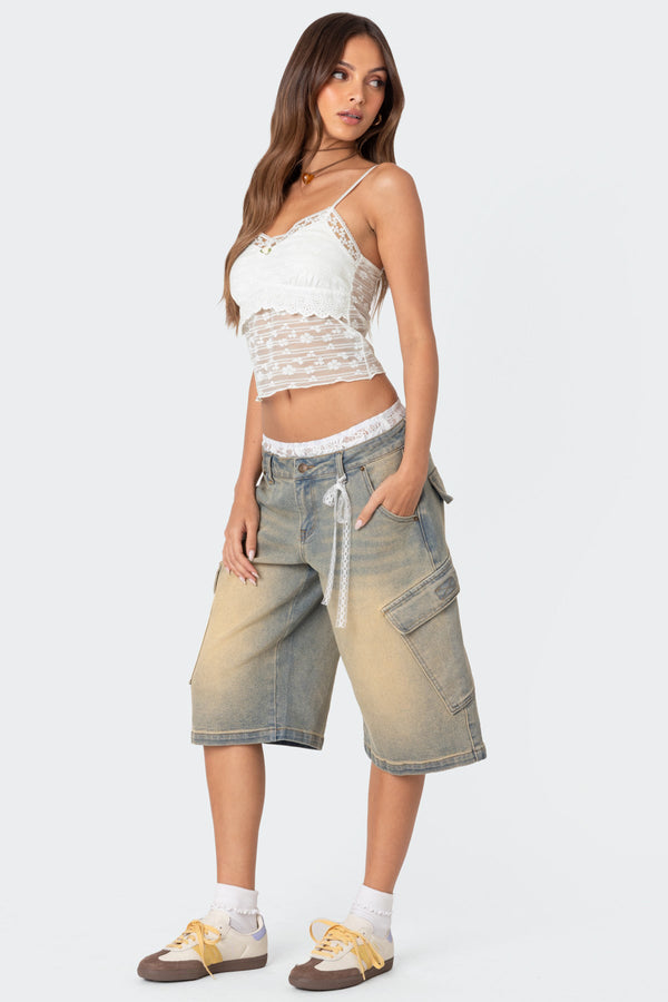 Edikted Lace Boxer Denim Bermuda Shorts Blue Vintage Washed