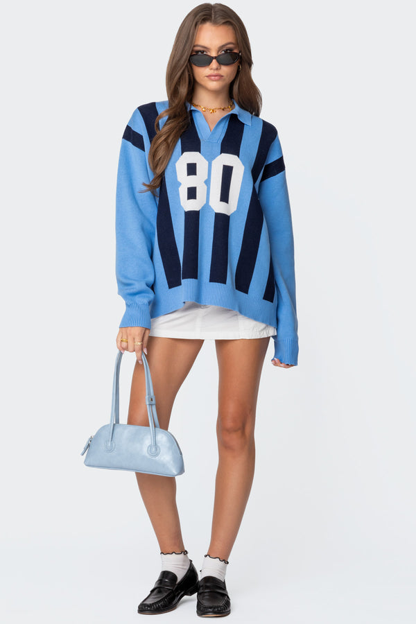 Edikted Larson Oversized Polo Sweater Blue And Navy