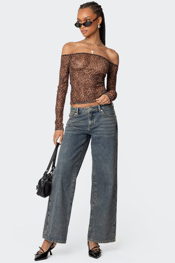 Edikted Leopard Sheer Mesh Off Shoulder Top Leopard